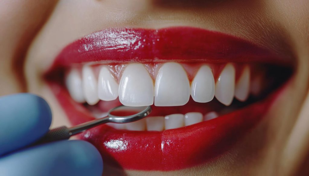 Blanqueo profesional de los dientes durante el examen dental El dentista examina el tratamiento de blanqueo para un