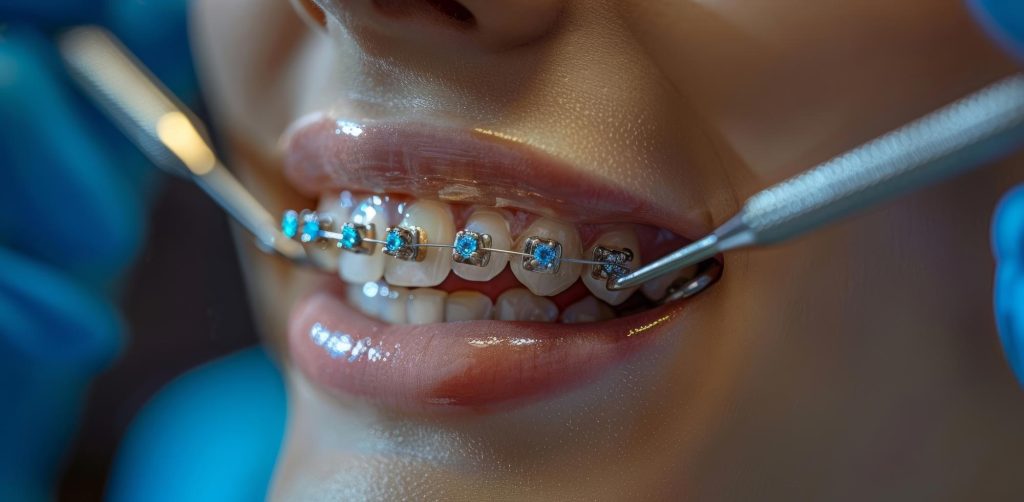 Vista de cerca de los aparatos dentales en los dientes con la herramienta de los ortodontistas durante el ajuste
